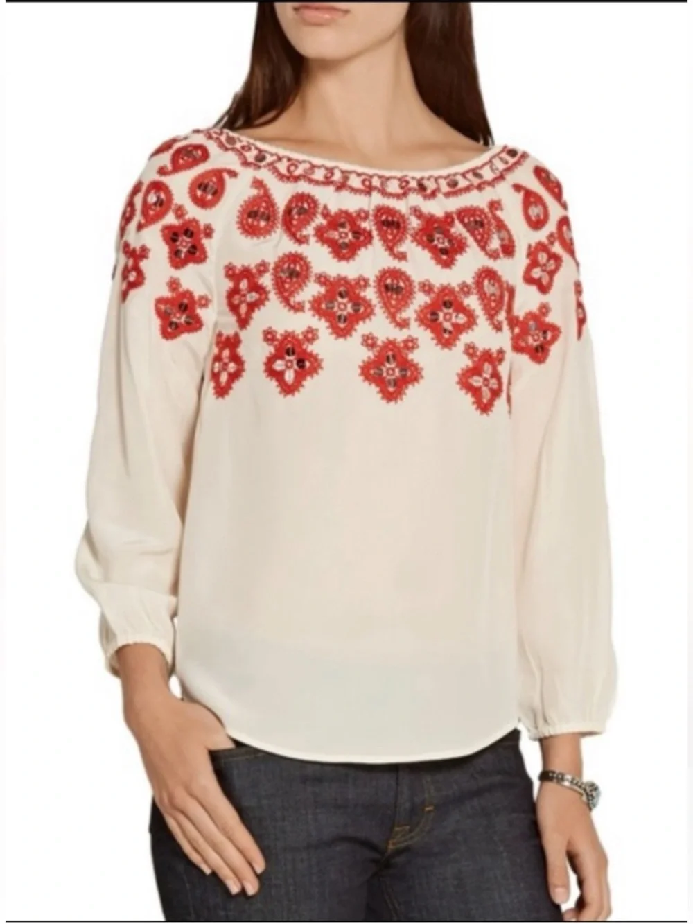 Tory Burch 100% Silk Off-Shoulder Cream Blouse Red-Orange Embroidered Sequin 12